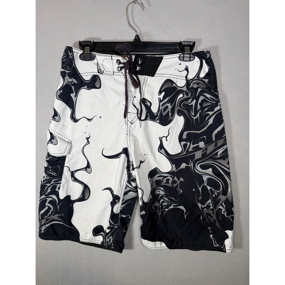 Vintage Fox Racing Mens Board Shorts Black White Graphic Swim Trunks 31 41253